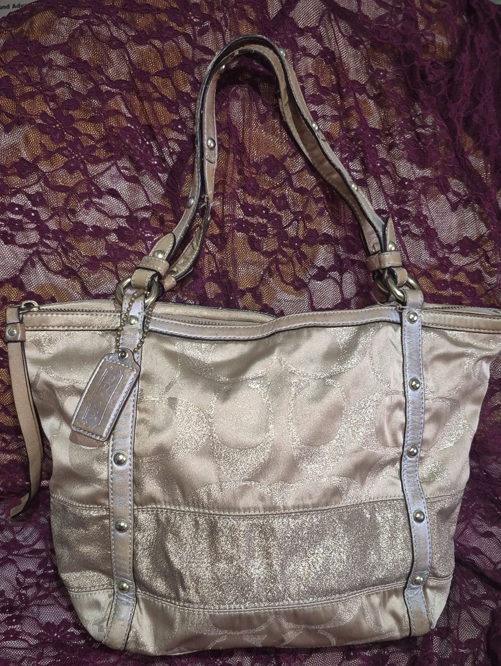 Y2K Coach Metallic Champagne Logo Tote Shoulder Bag